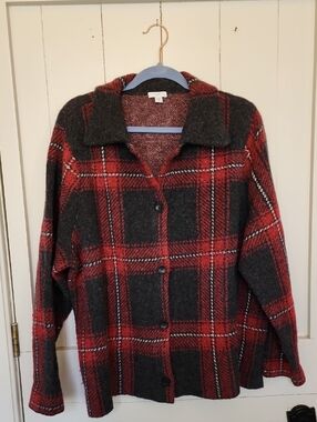 J. Jill Red and Charcoal Plaid Button-Front Cardigan 2X